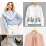 Pinterest graphic with text and a collage of spring tops for women.