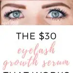 Pinterest graphic with text that reads "The eyelash growth serum that works" and a before and after image collage showing a woman's eyelashes.