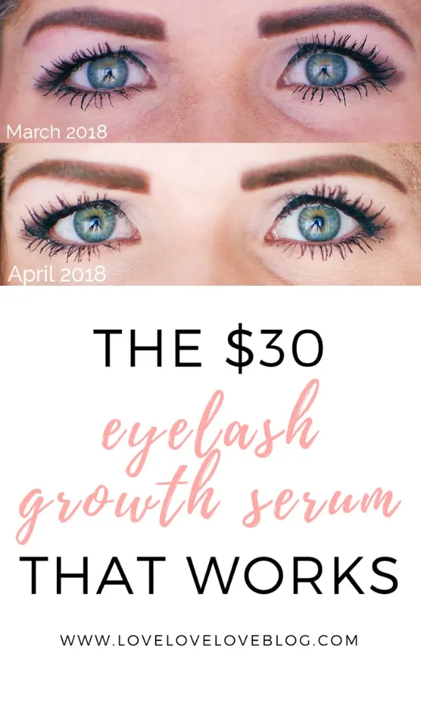 Pinterest graphic with text that reads "The eyelash growth serum that works" and a before and after image collage showing a woman's eyelashes.