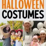 Pinterest graphic with photos and text that reads "adorable family halloween costumes with baby boy or baby girl"