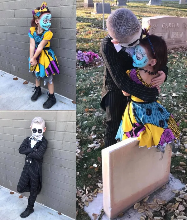 Collage of brother and sister wearing Nightmare Before Christmas Halloween costumes.