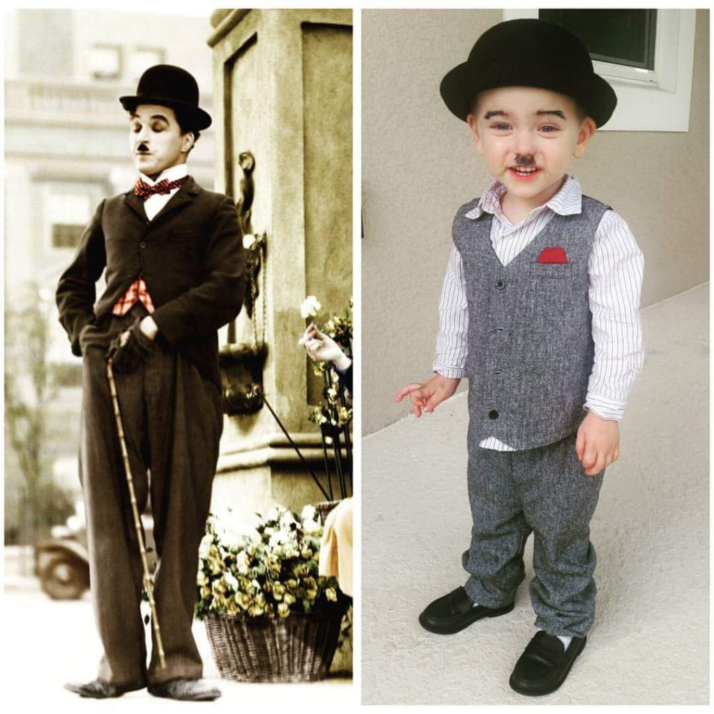 Collage of Charlie Chaplin and toddler boy wearing Charlie Chaplin Halloween costume.