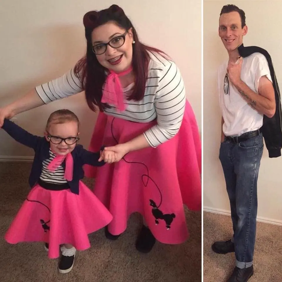 Collage of family wearing 50's Halloween costumes.