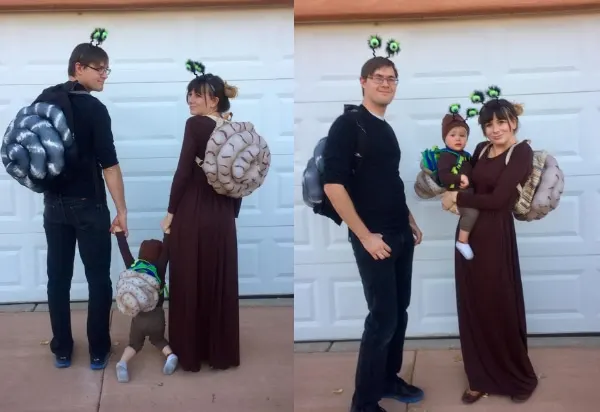 Collage of family wearing DIY snail Halloween costumes standing in front of garage door.