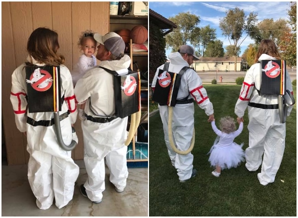 Collage of family wearing Ghostbuster Halloween costumes. 