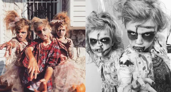 Collage of kids dressed up in zombie Halloween costumes.
