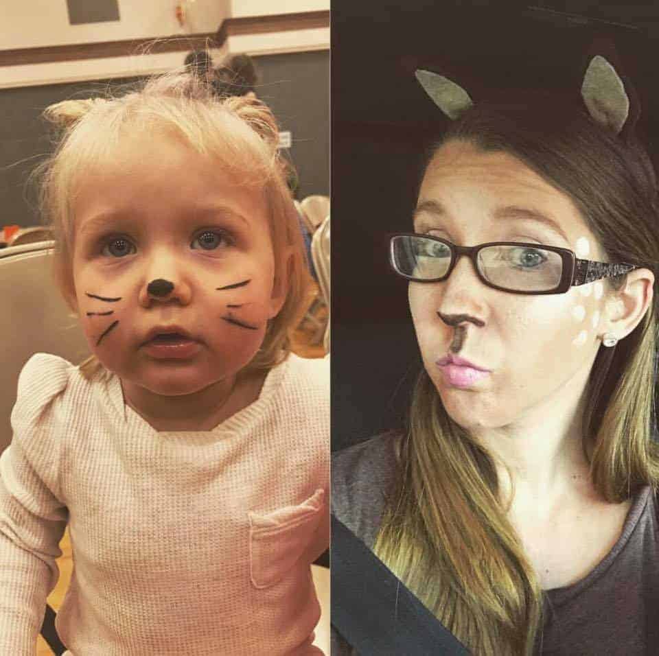 Collage of baby wearing Thumper costume and woman wearing Bambi Halloween costume.