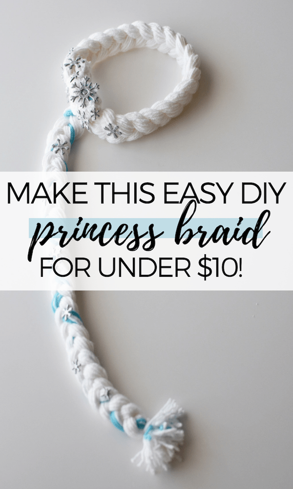 Pinterest graphic with text and a hair braid made out of white yarn with blue snowflakes.