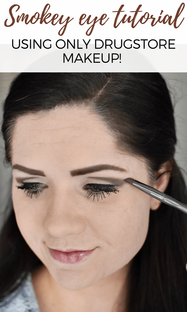 Pinterest graphic with text that reads "Smoky Eye Tutorial Using Drugstore Makeup" and a woman putting on eye shadow.