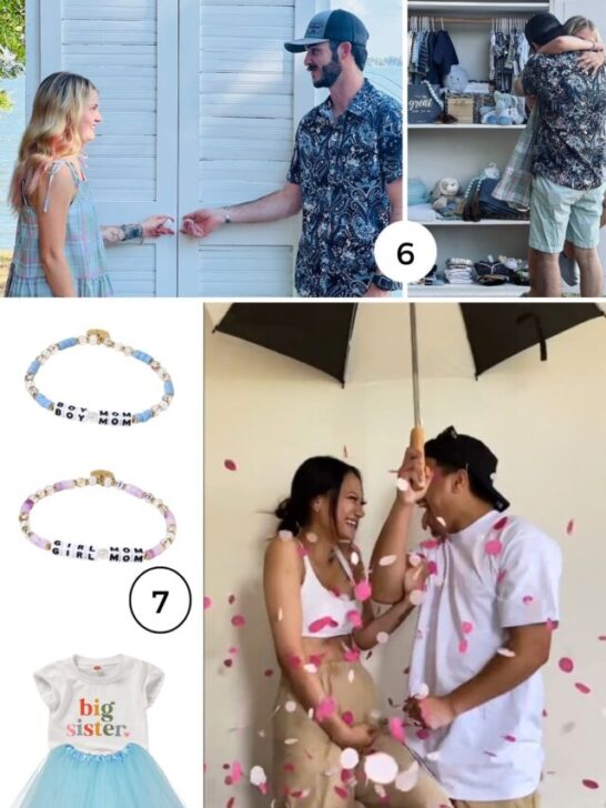 Collage of numbered unique gender reveal ideas using a dresser, umbrella, bracelets, and tutu.