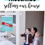 Pinterest graphic with text that reads " How We Saved Thousands Selling Our House" and a mom with her kids next to a "sold" sign.