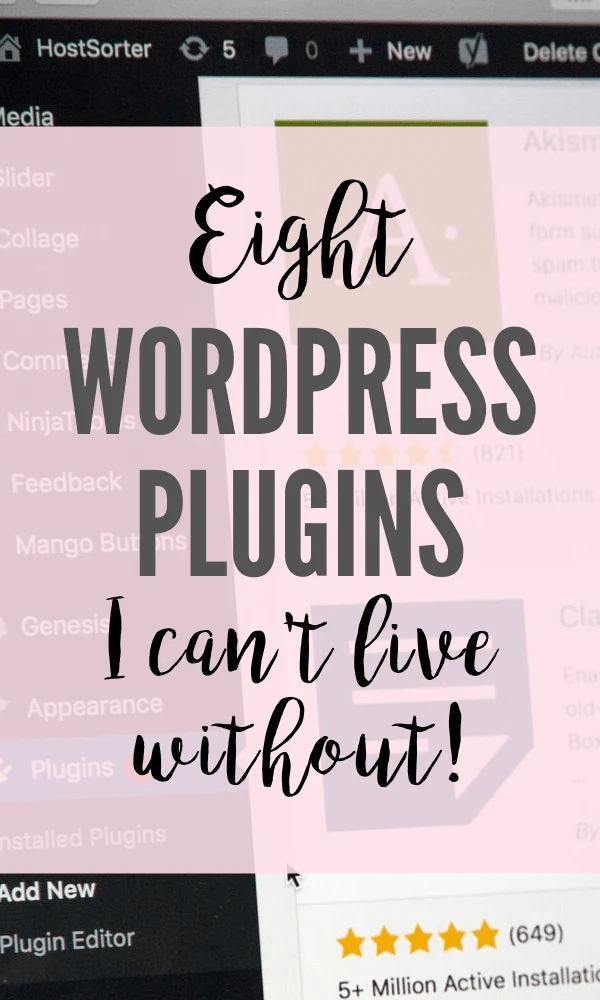 Pinterest graphic with text that reads "Eight WordPress Plugins I Can't Live Without!" and a computer screen in the background.