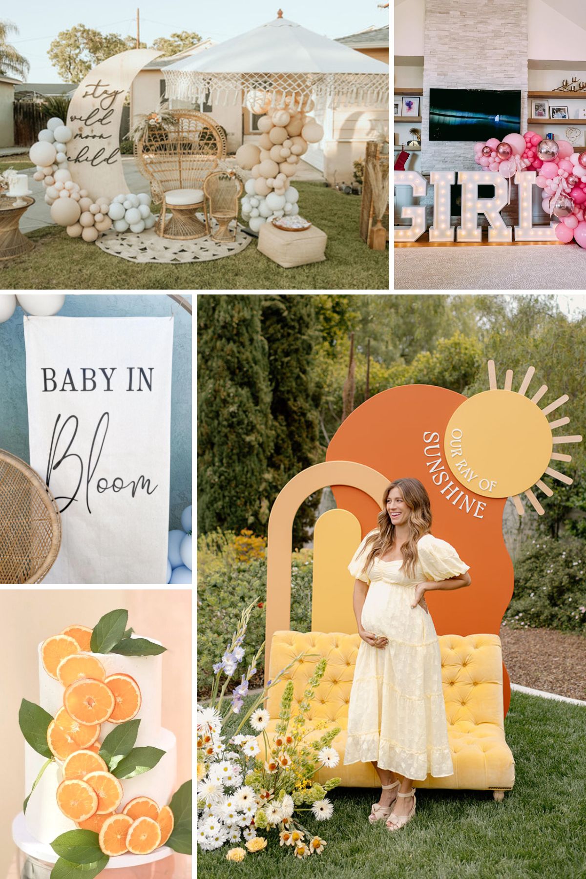 Collage of modern boy and girl baby shower ideas and themes.