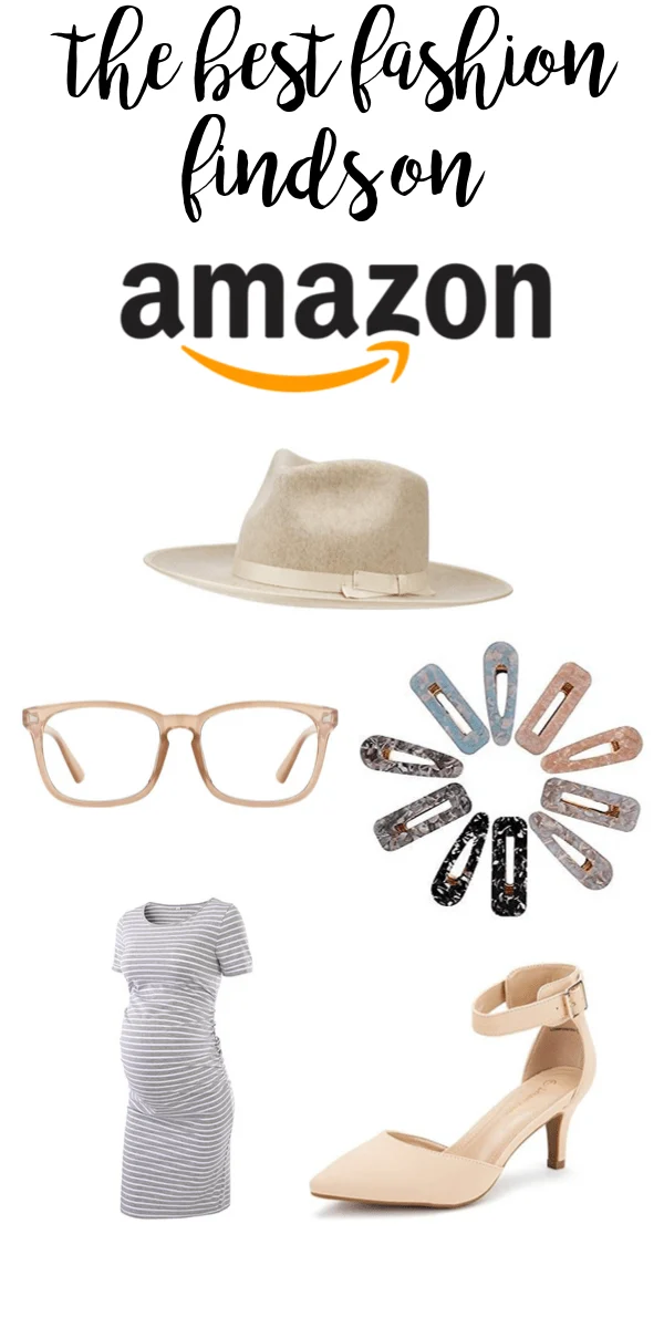 Pinterest graphic with text that reads "The Best Fashion Finds on Amazon" and a collage of clothing and accessories on a white background.