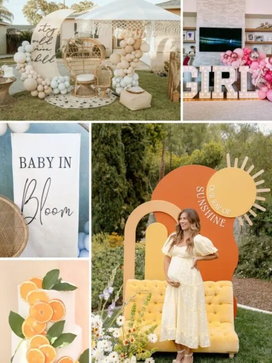 Collage of modern boy and girl baby shower ideas and themes.