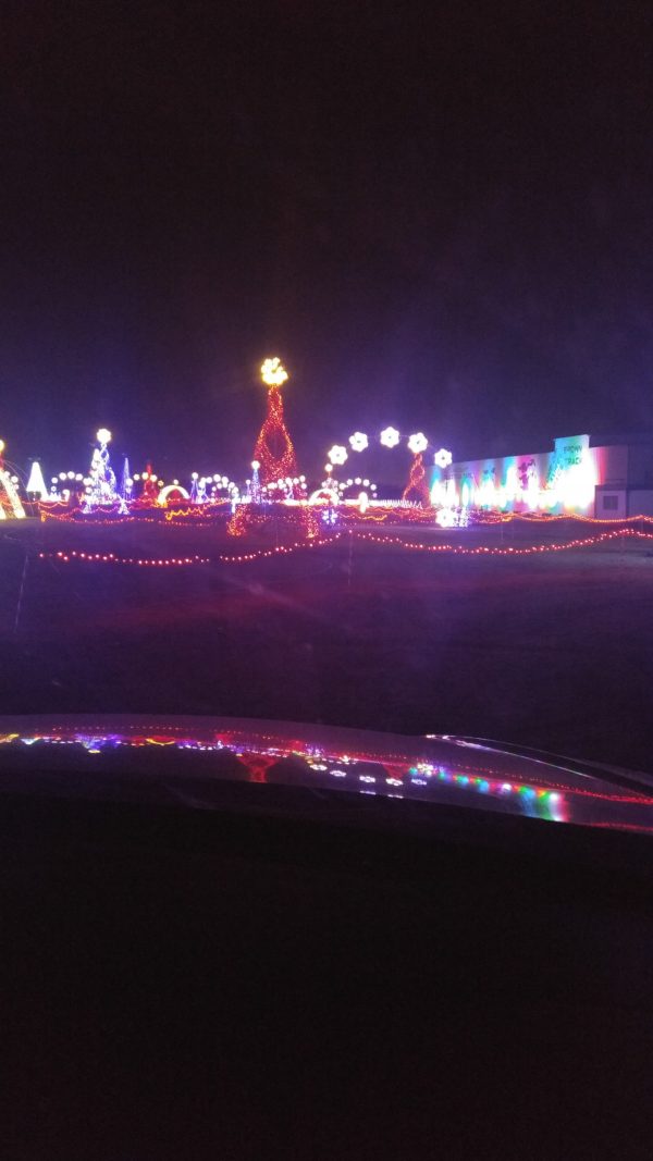 Elaborate display of Christmas tree lights seen through the front windshield of a passing car.