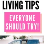 Pinterest graphic with text that reads "11 Frugal Living Tips Everyone Should Try" and a mom sitting on the side of her mini van with a child.