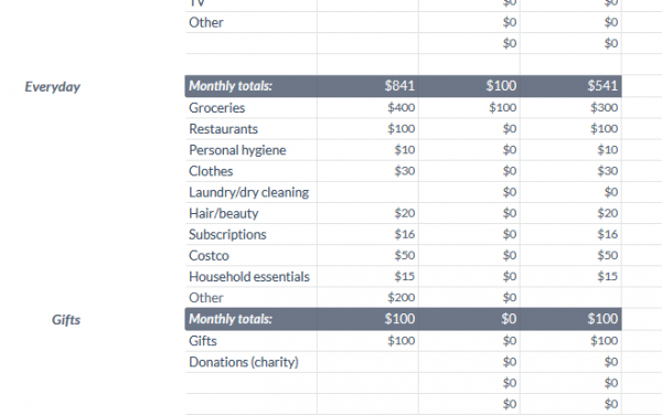 Example of a family budget planner.