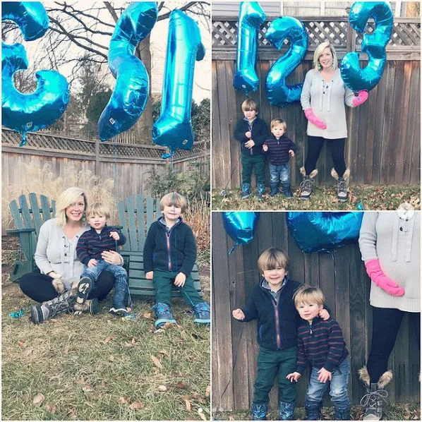 Collage of family announcing a baby with number balloons.
