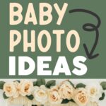 Pinterest graphic with text and photo of monthly baby photo display with yarn and flowers.