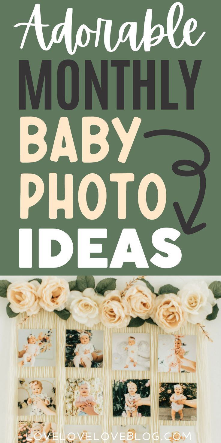 Pinterest graphic with text and photo of monthly baby photo display with yarn and flowers.