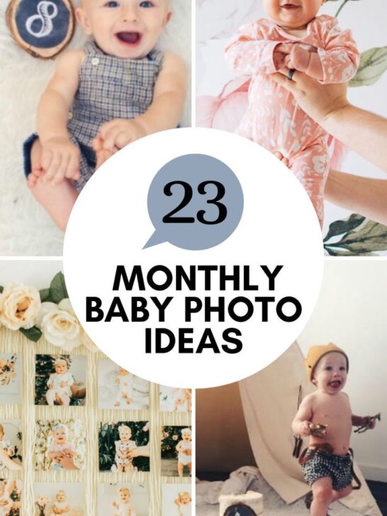 Pinterest graphic with text and collage of unique monthly baby photo ideas.