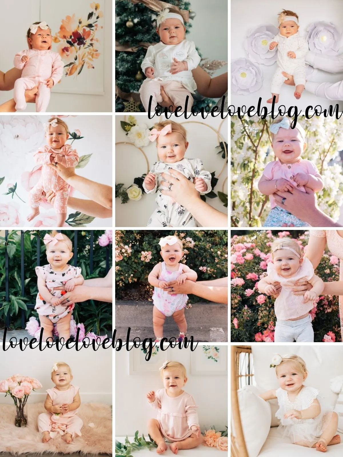 Collage of floral monthly baby photos.
