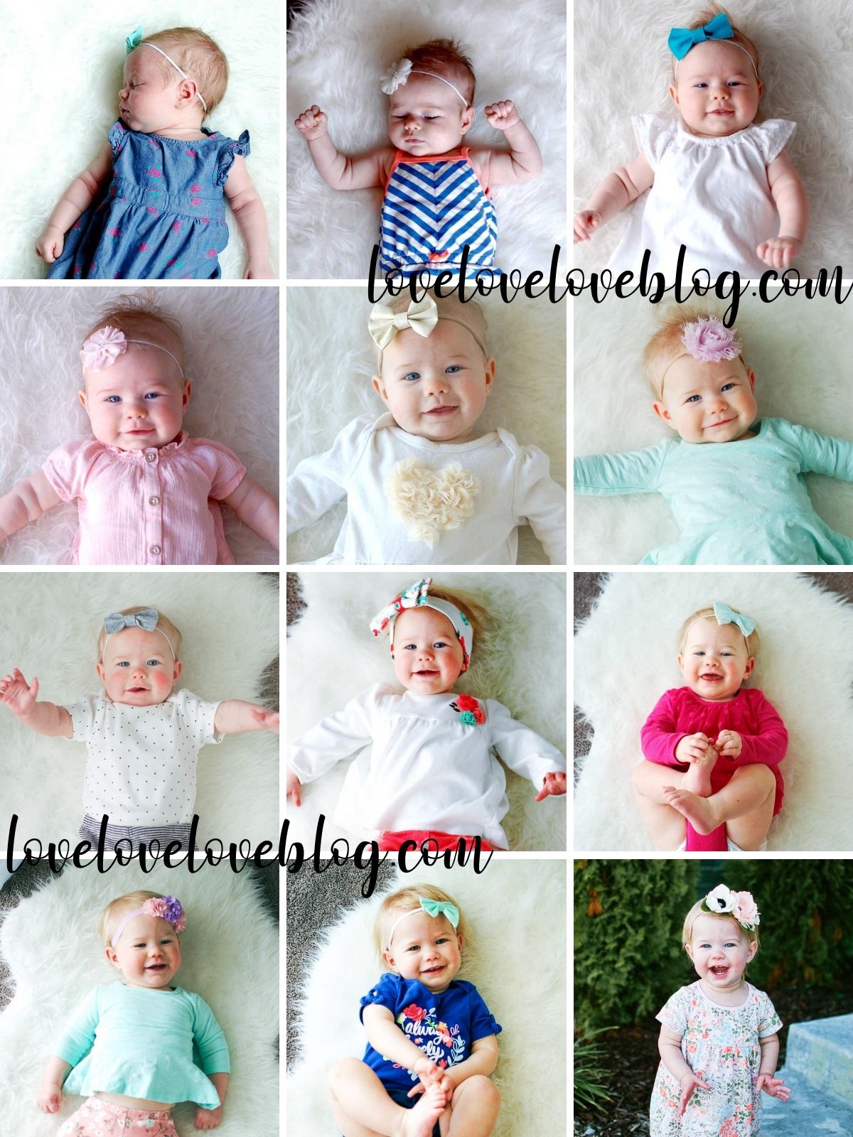Collage av pels rug månedlig baby bilder.