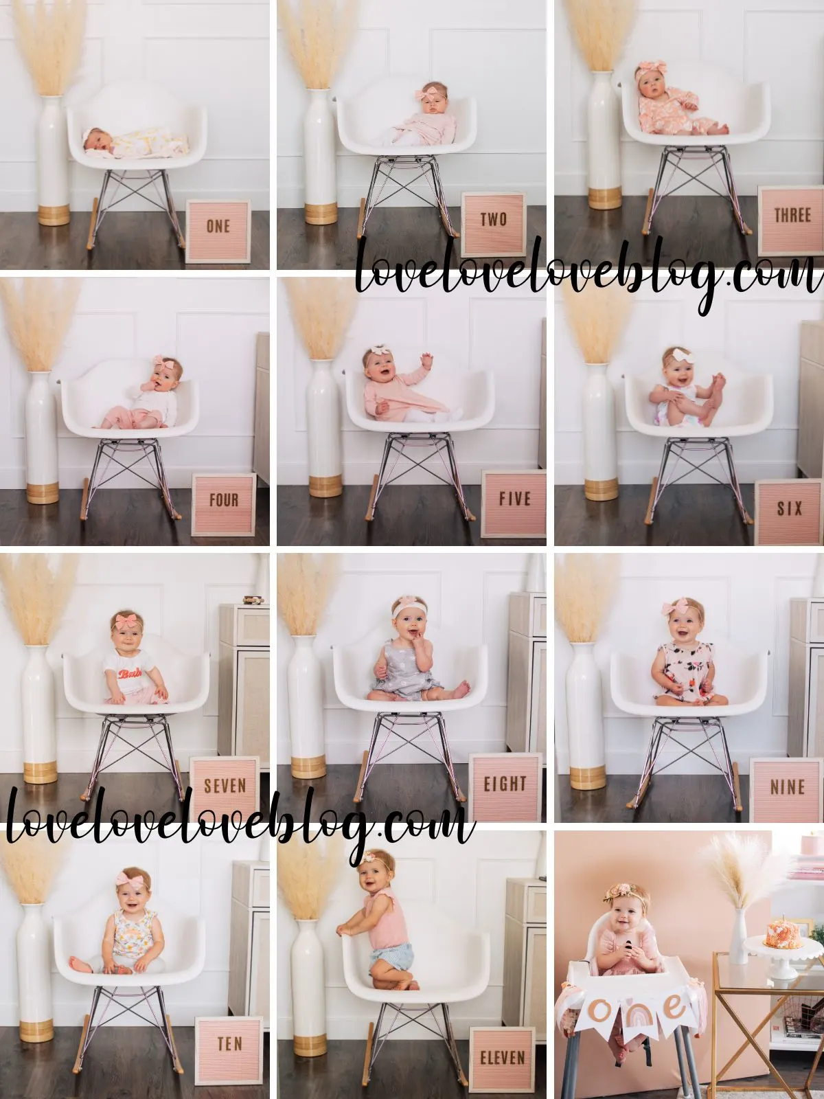 Collage of monthly baby photos with baby in white chair wearing pink outfits.