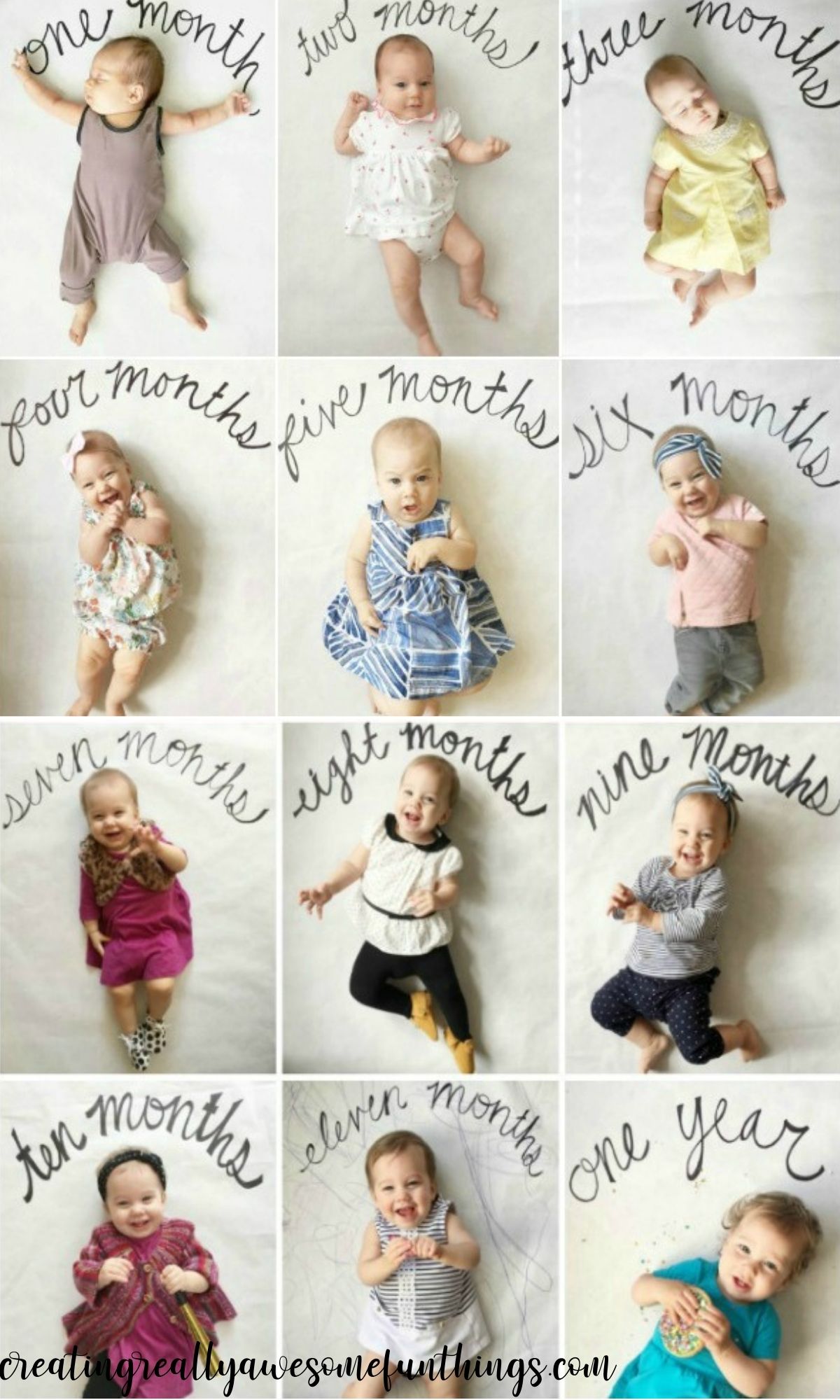 Collage af Sharpie skrive månedlige baby billeder.