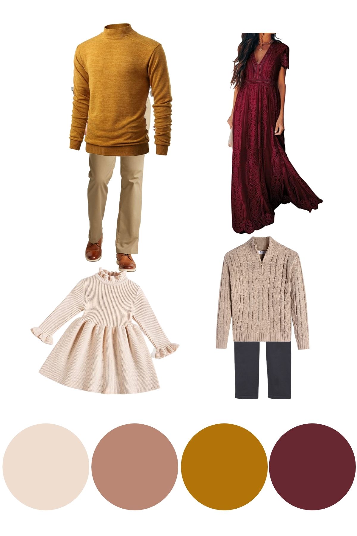 Graphic with burgundy and mustard fall picture outfit ideas and colored circles.