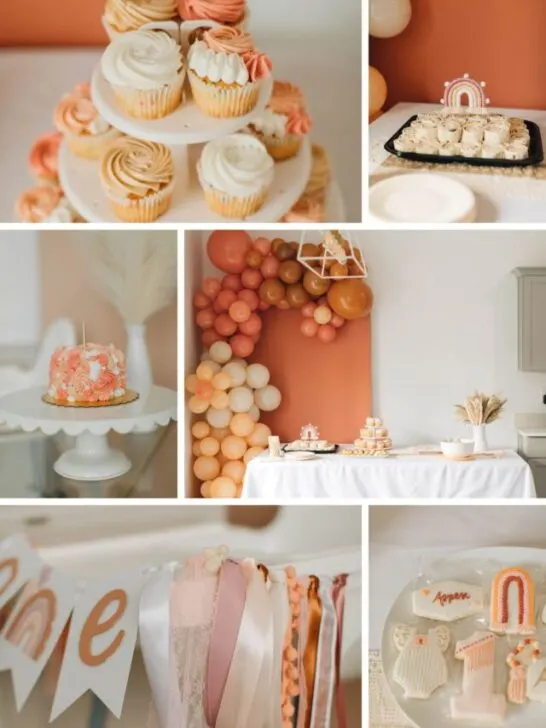 Photo collage of food and decor from boho rainbow first birthday party.