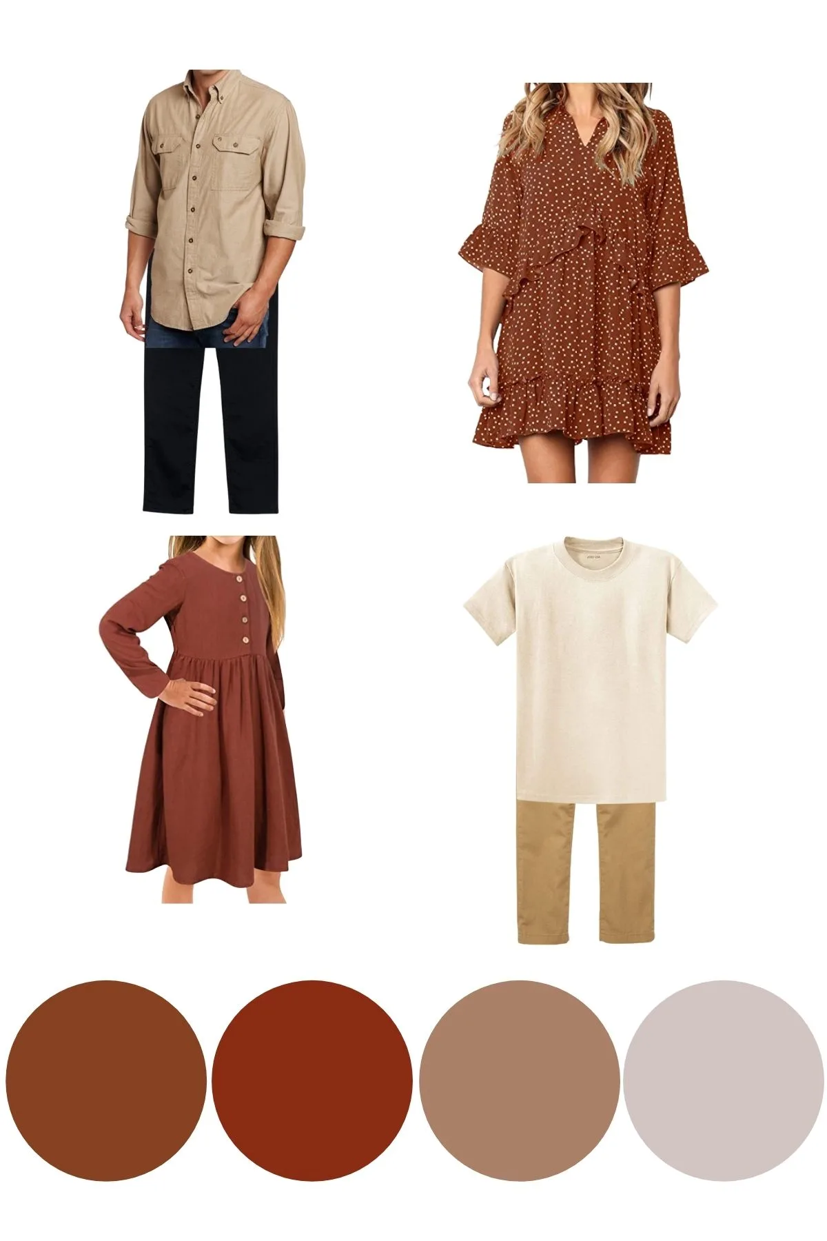 Graphic with desert tone fall picture outfit ideas and colored circles.