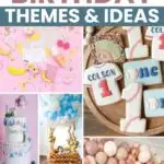 Pinterest graphic with text that reads "115 Unique First birthday Themes & Ideas" and a collage of party ideas.