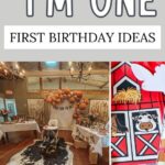 Pinterest graphic with text that reads "Holy Cow I'm One First Birthday Ideas" and a collage of party ideas.