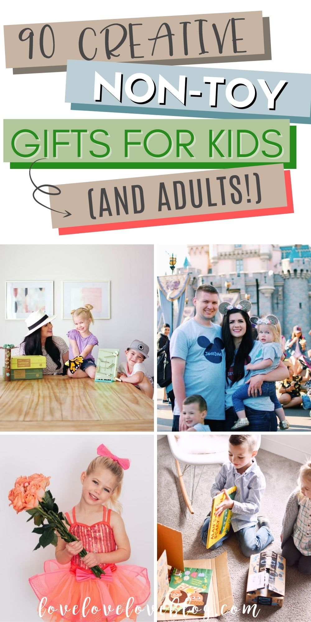 Pinterest graphic with text and collage of non-toy gifts for kids.