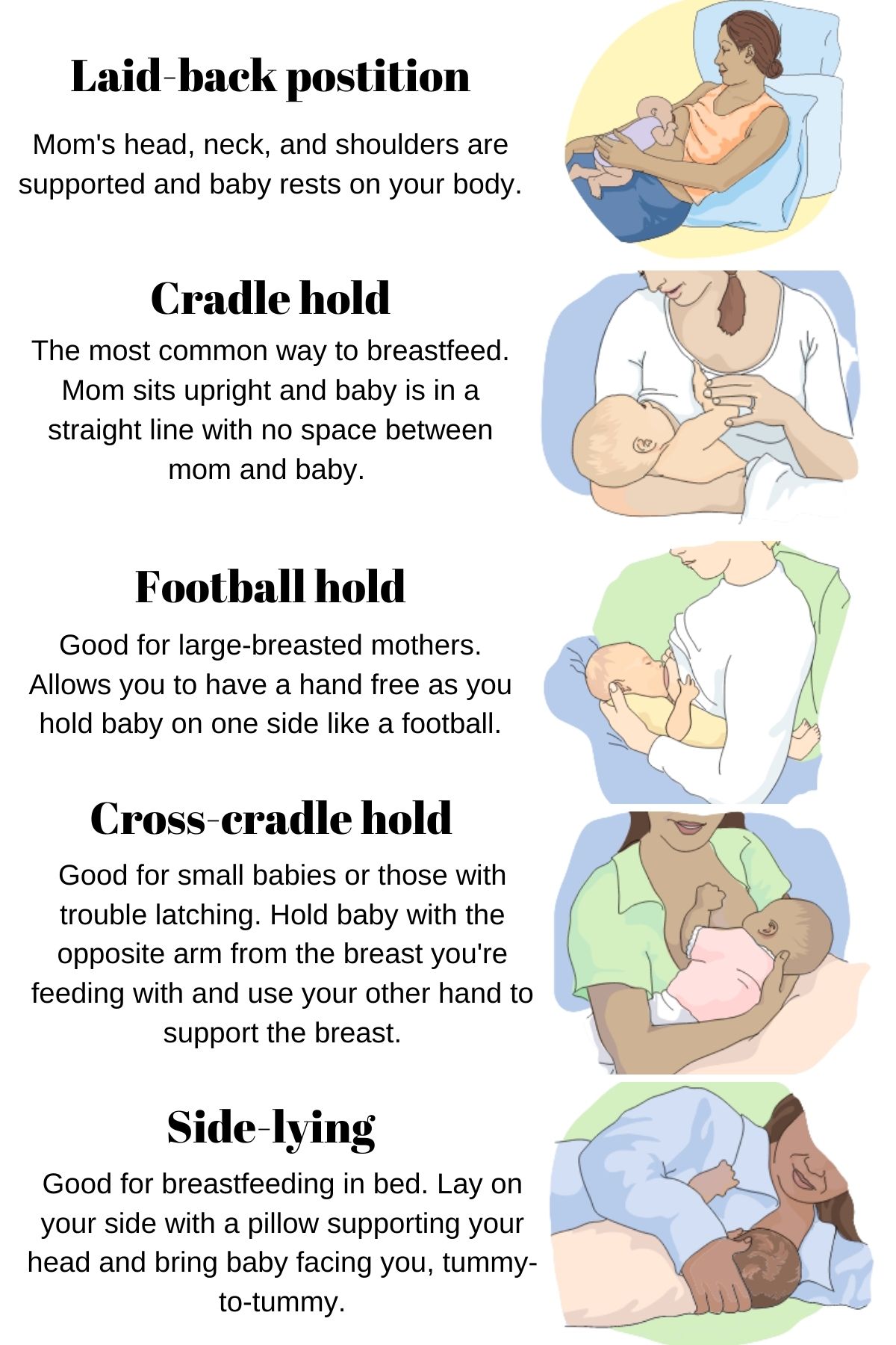 Graphic describing different breastfeeding positions including cradle hold, football hold, and side lying.