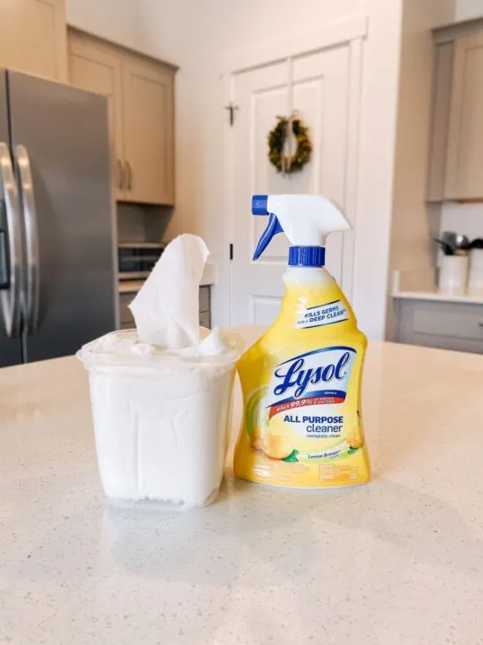 Container of DIY disinfectant wipes next to Lysol cleaner.