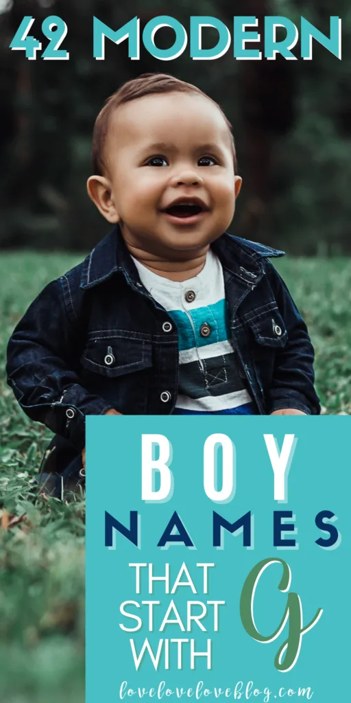 Pinterest graphic with text and baby boy in denim jacket and boots sitting on grass.
