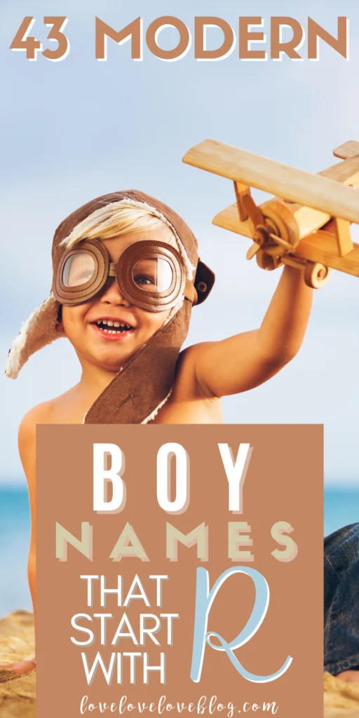 Pinterest graphic with text and boy playing with wooden airplane on beach.