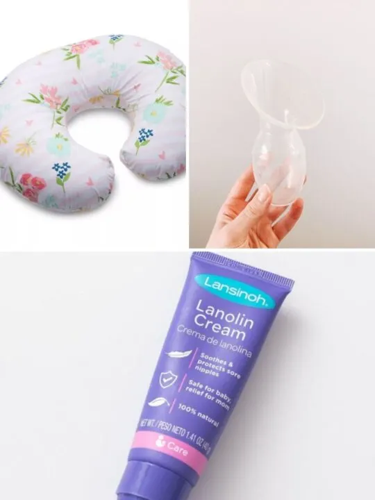Collage of breastfeeding essential products.
