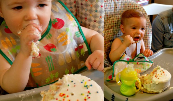 Collage of baby boy eating birthday cake. 