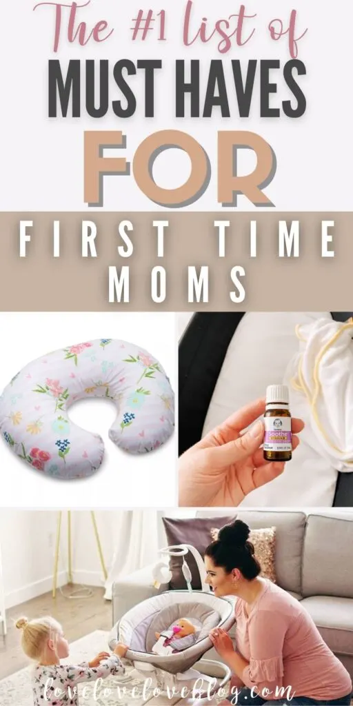 Pinterest graphic with text and collage of new mom must have products.
