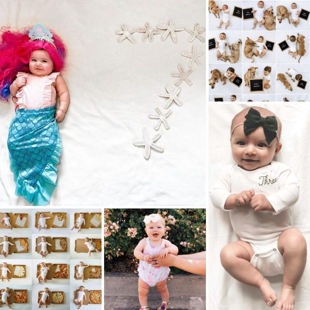 Collage of monthly baby photo ideas.