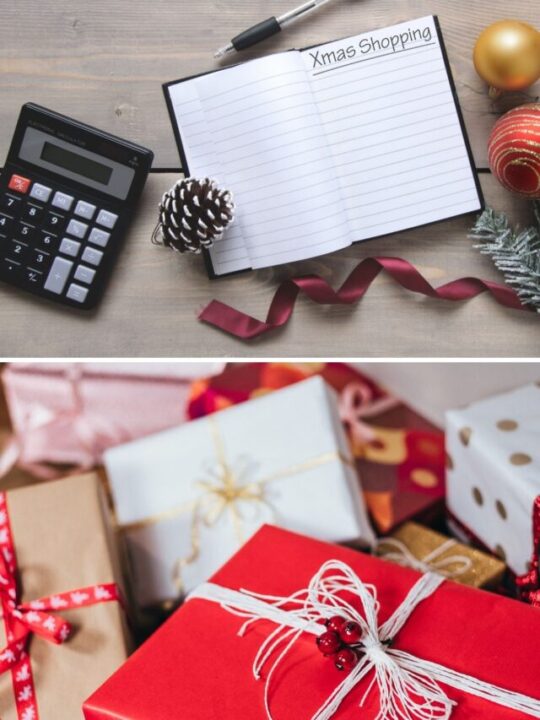 Christmas list used to create a Christmas budget next to calculator and presents.