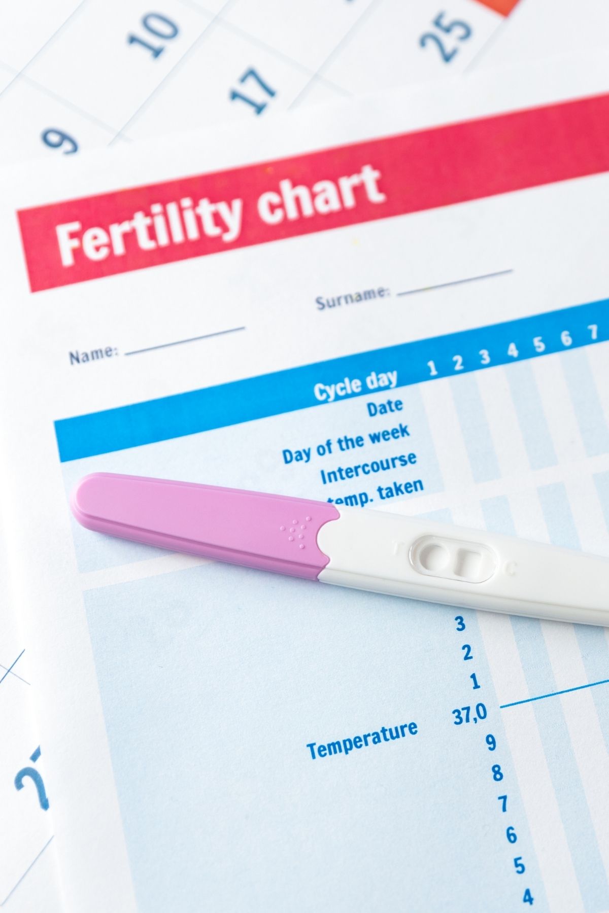 Red, white and blue fertility chart and white and pink ovulation test stick.