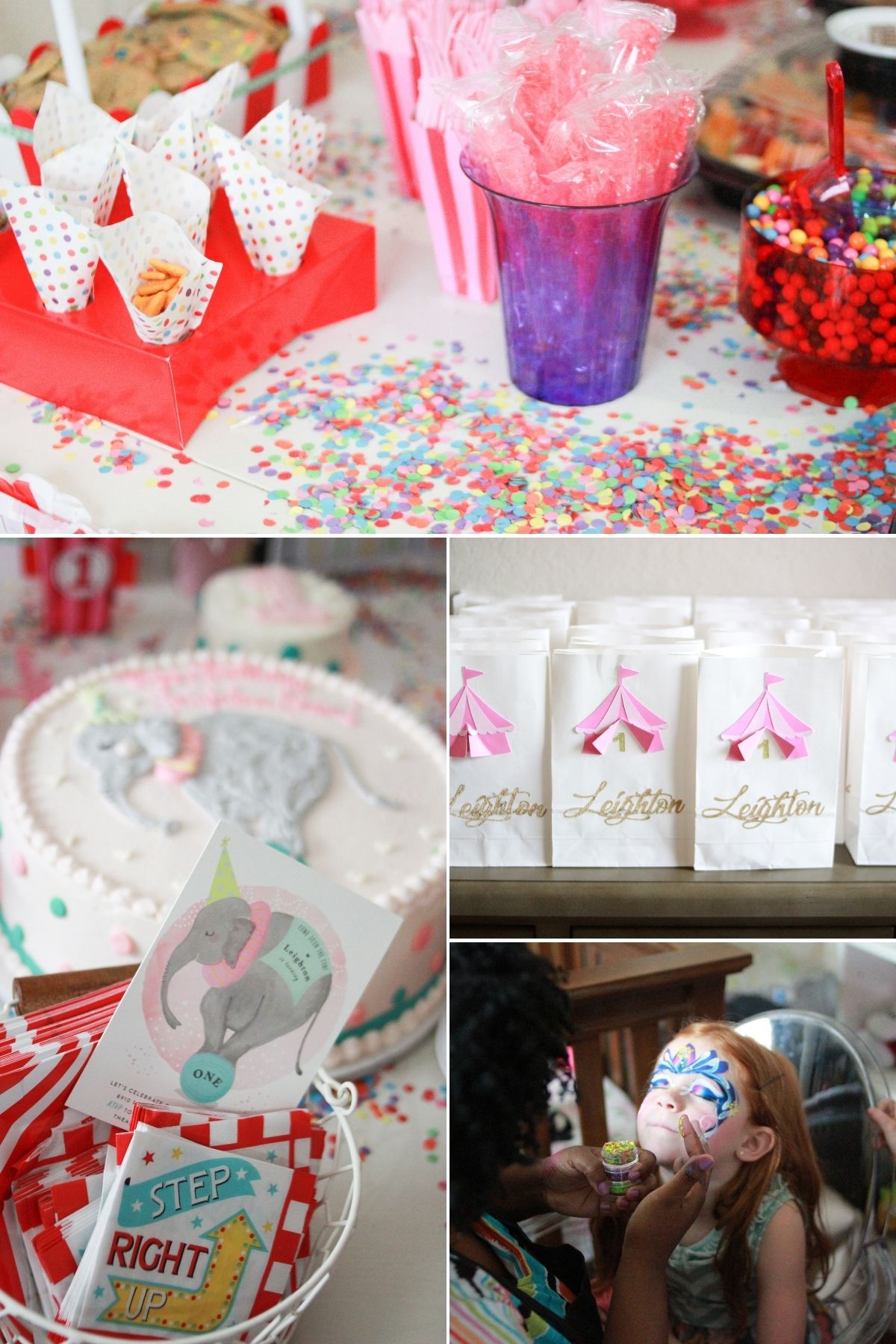 Collage of photos from circus first birthday party theme.