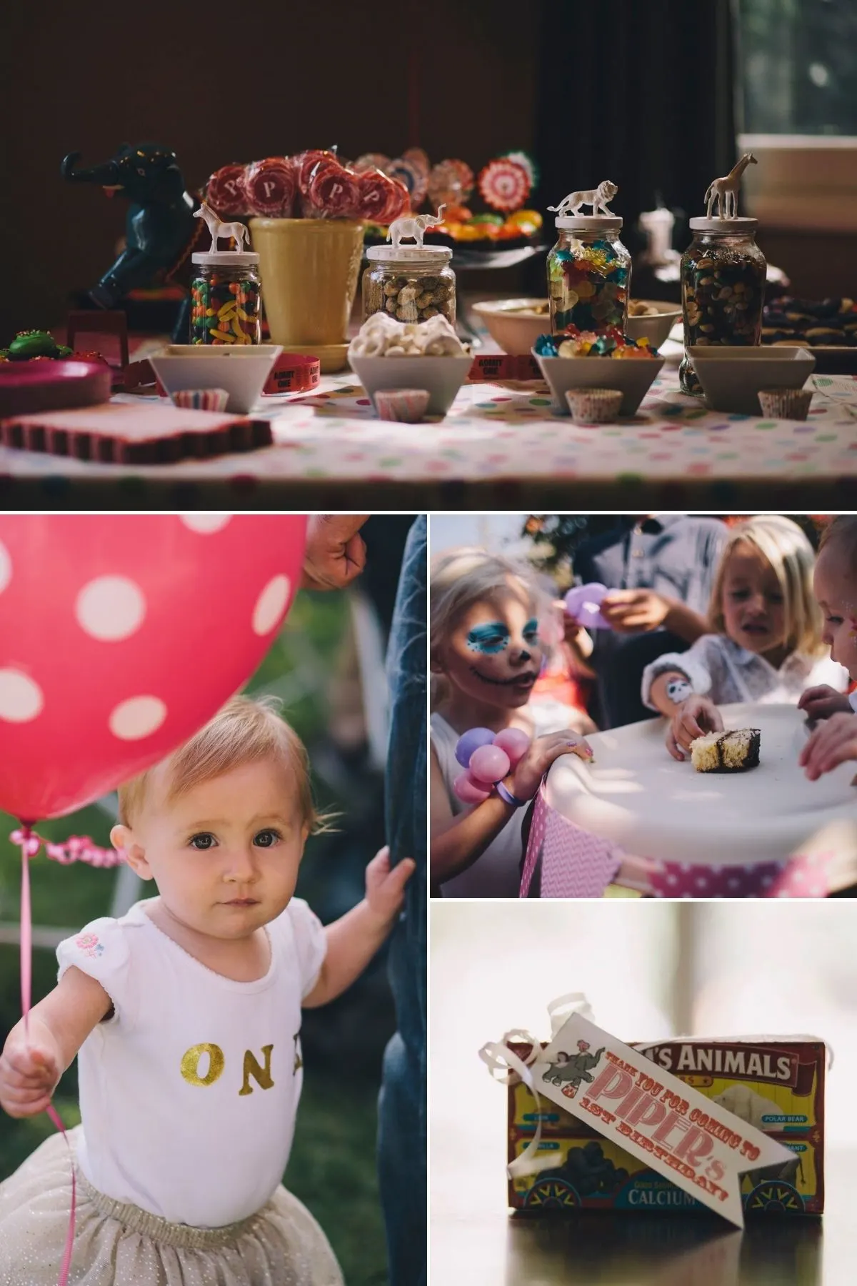 Collage of photos from circus first birthday party including treats, favors, and smash cake.