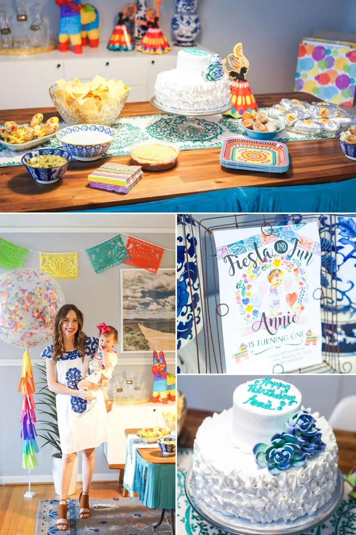 Collage of photos from fiesta first birthday party including food table, decorations, and cake.