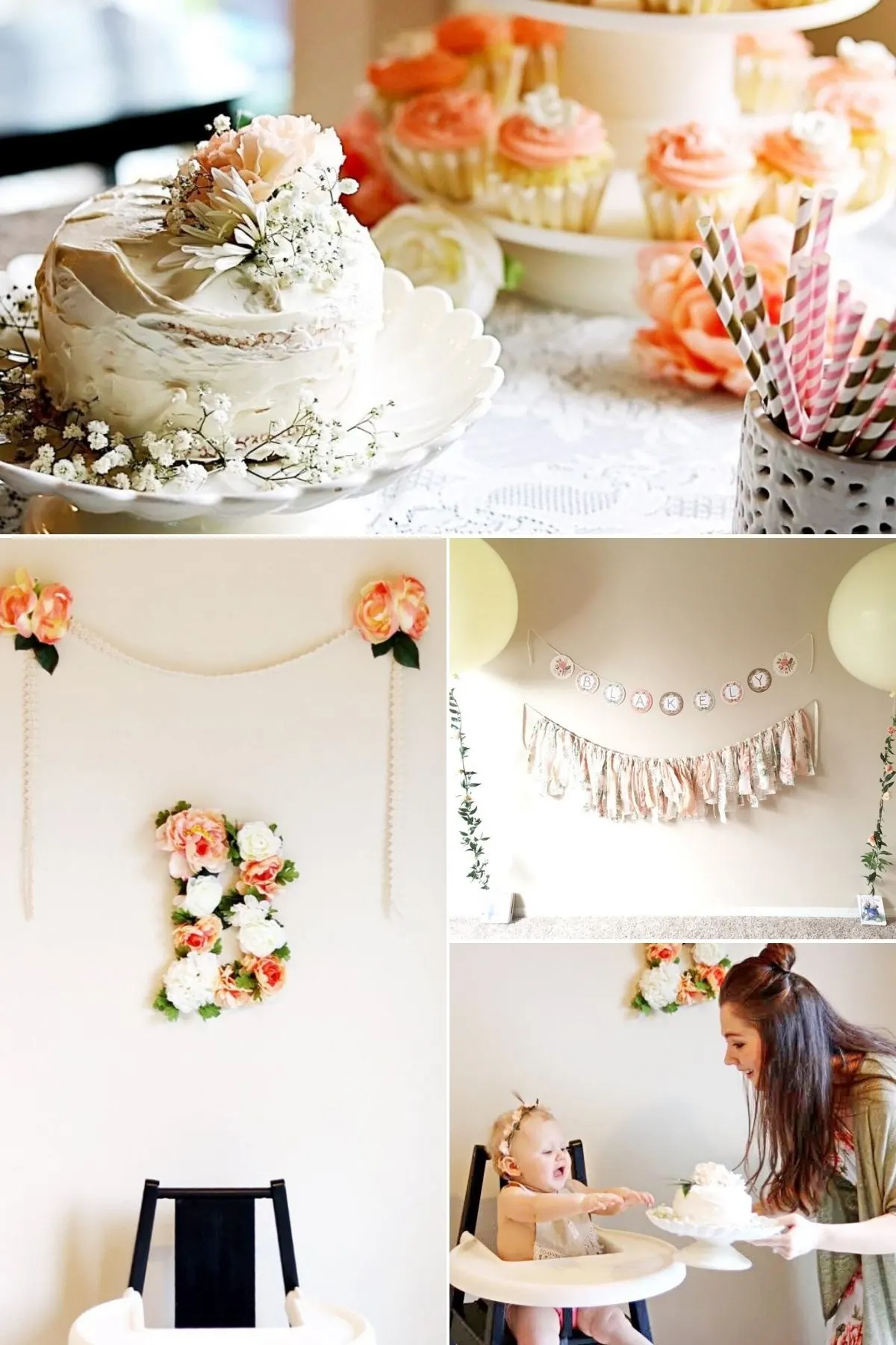 Collage of photos from peachy floral first birthday party theme.